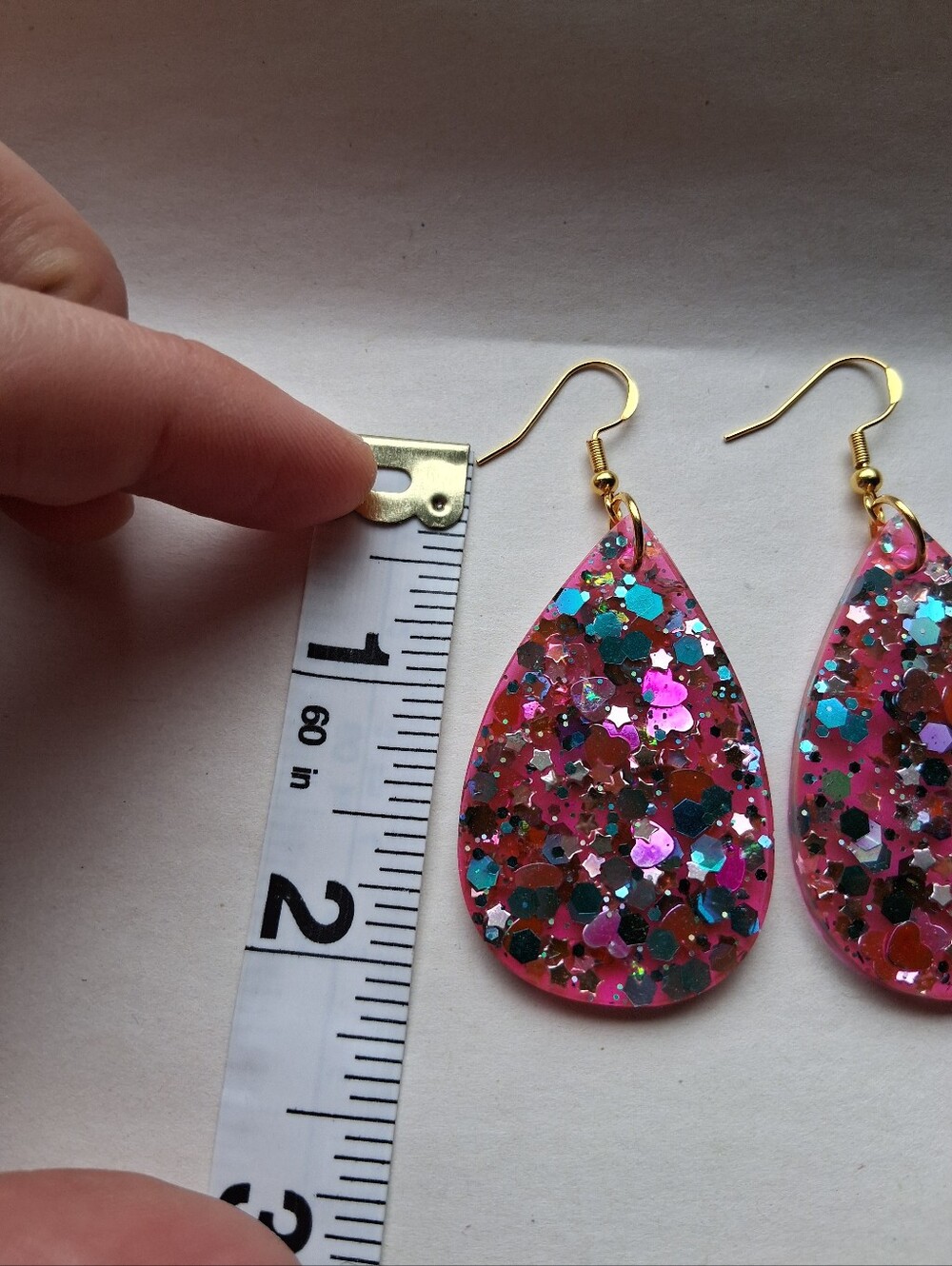Hand Crafted Pink Teardrop Glitter Earrings with Multicolor Sparkle - Picture 3 of 4